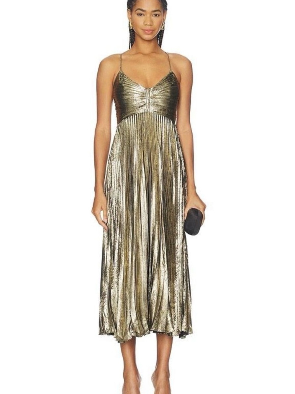 ASTR Metallic Gold Pleated Midi Dress with Spaghetti Straps